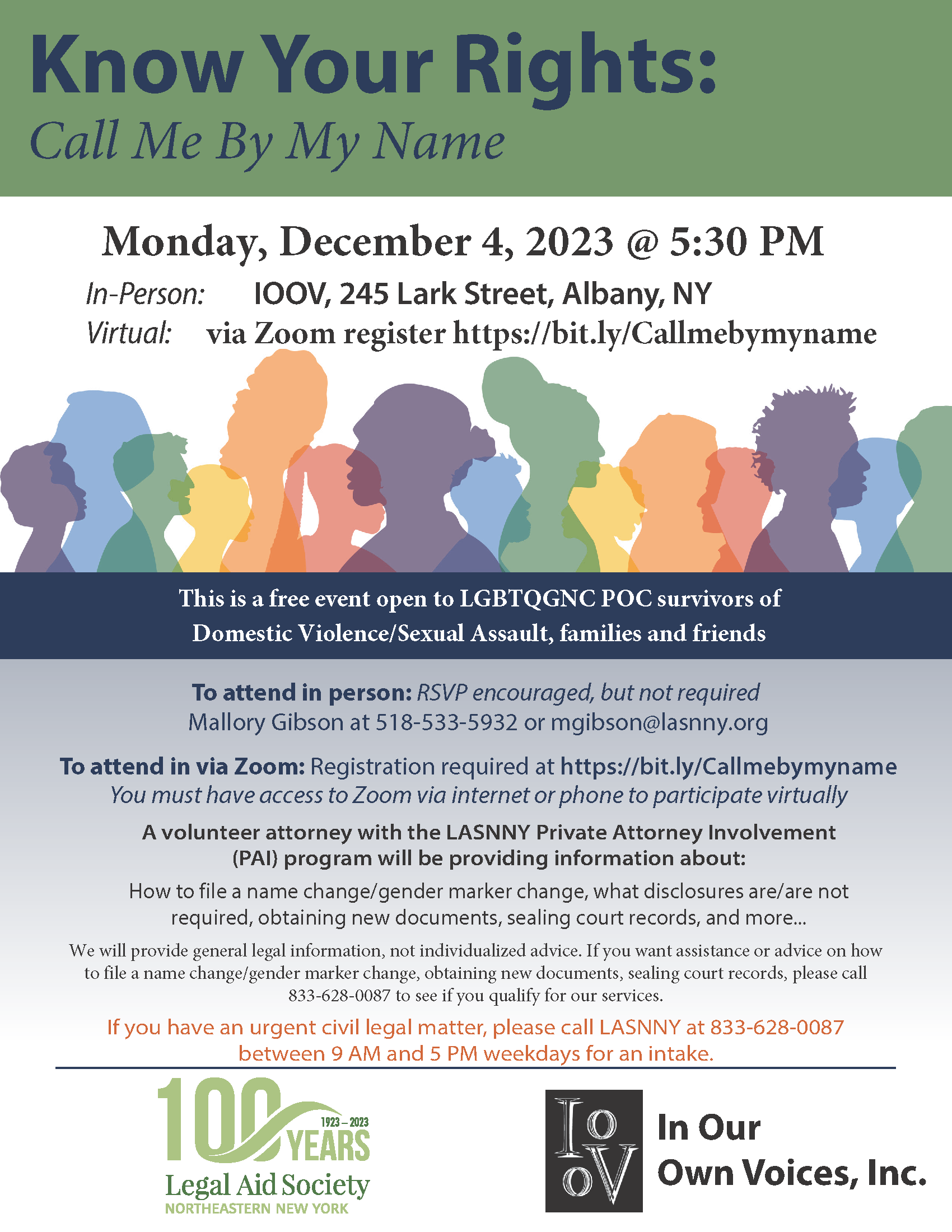 Know Your Rights: Call Me by My Name Virtual and In-Person Clinic